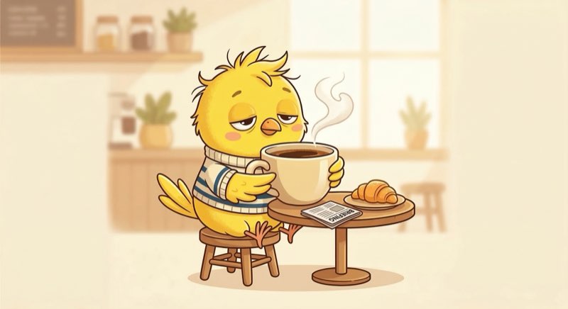 A sleepy canary in a scarf holding an oversized coffee cup at a café table, with a briefing newspaper and croissant